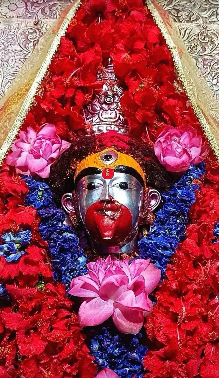 তারাপীঠে মা তারা — রূপার মুখাবরণ, জবা ও পদ্মে সাজ